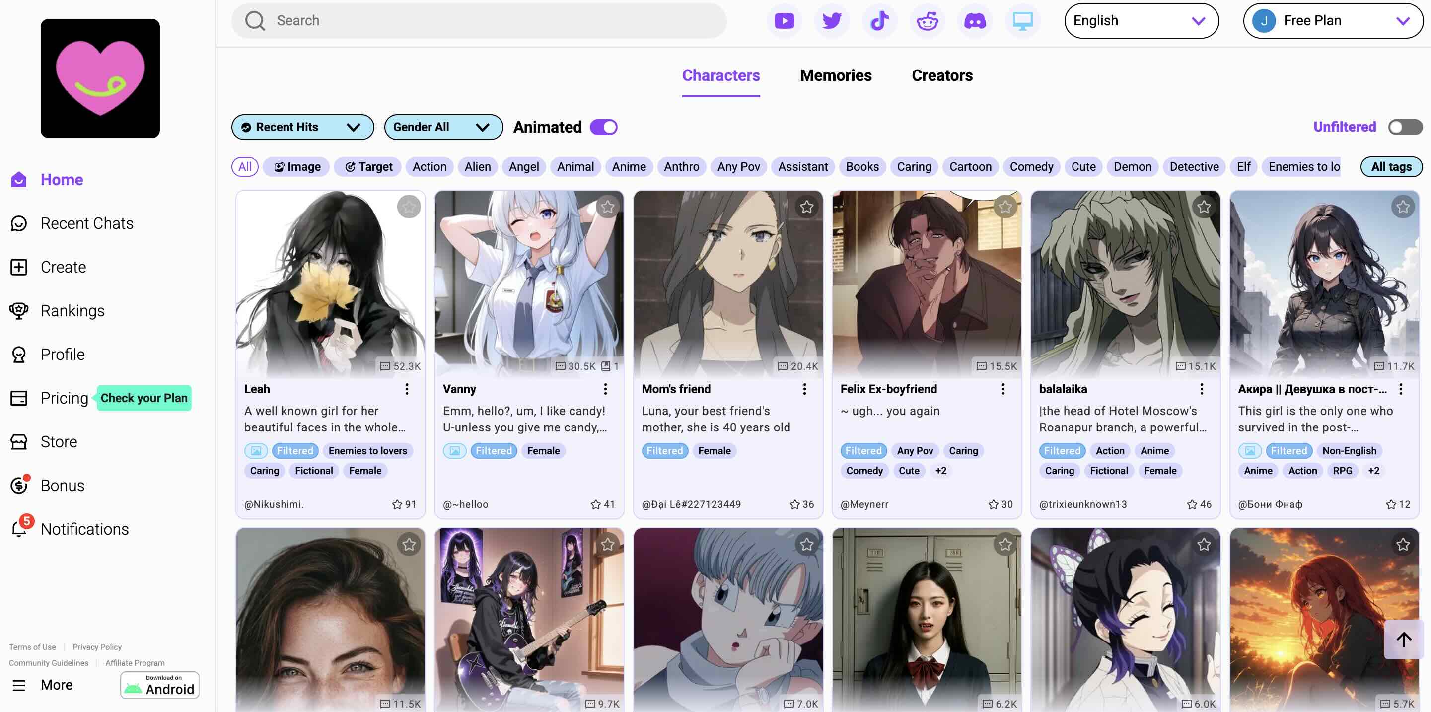 Crushon.ai mobile App interface featuring many anime style characters