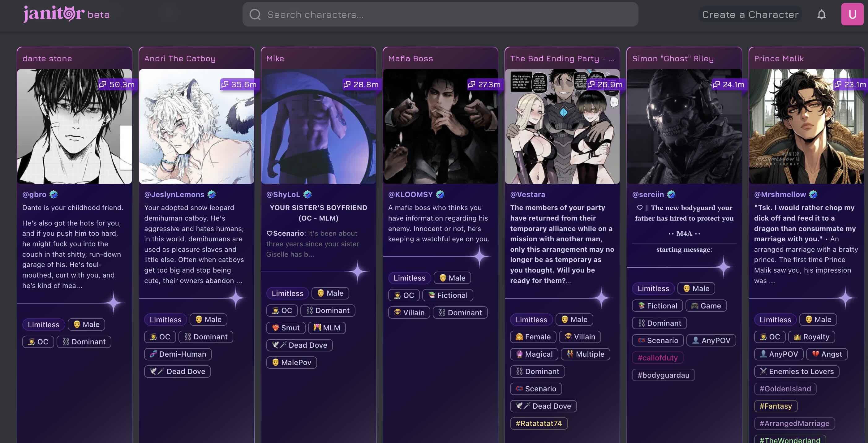 Janitor AI web chat interface showing JLLM model settings and API options