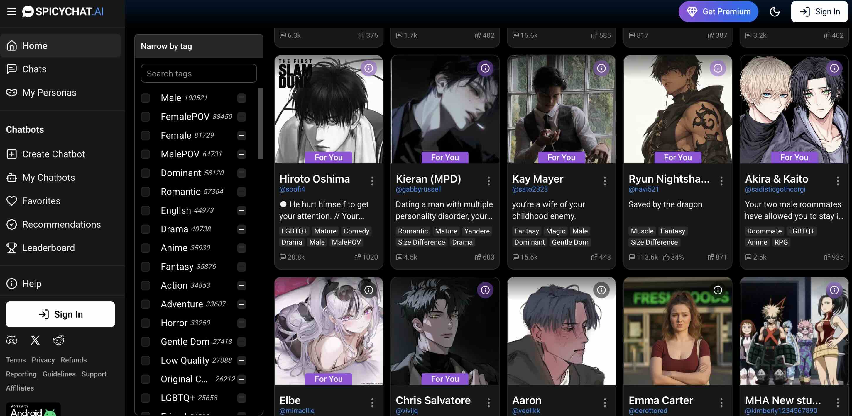 SpicyChat AI exquisite character portraits displayed on mobile browser